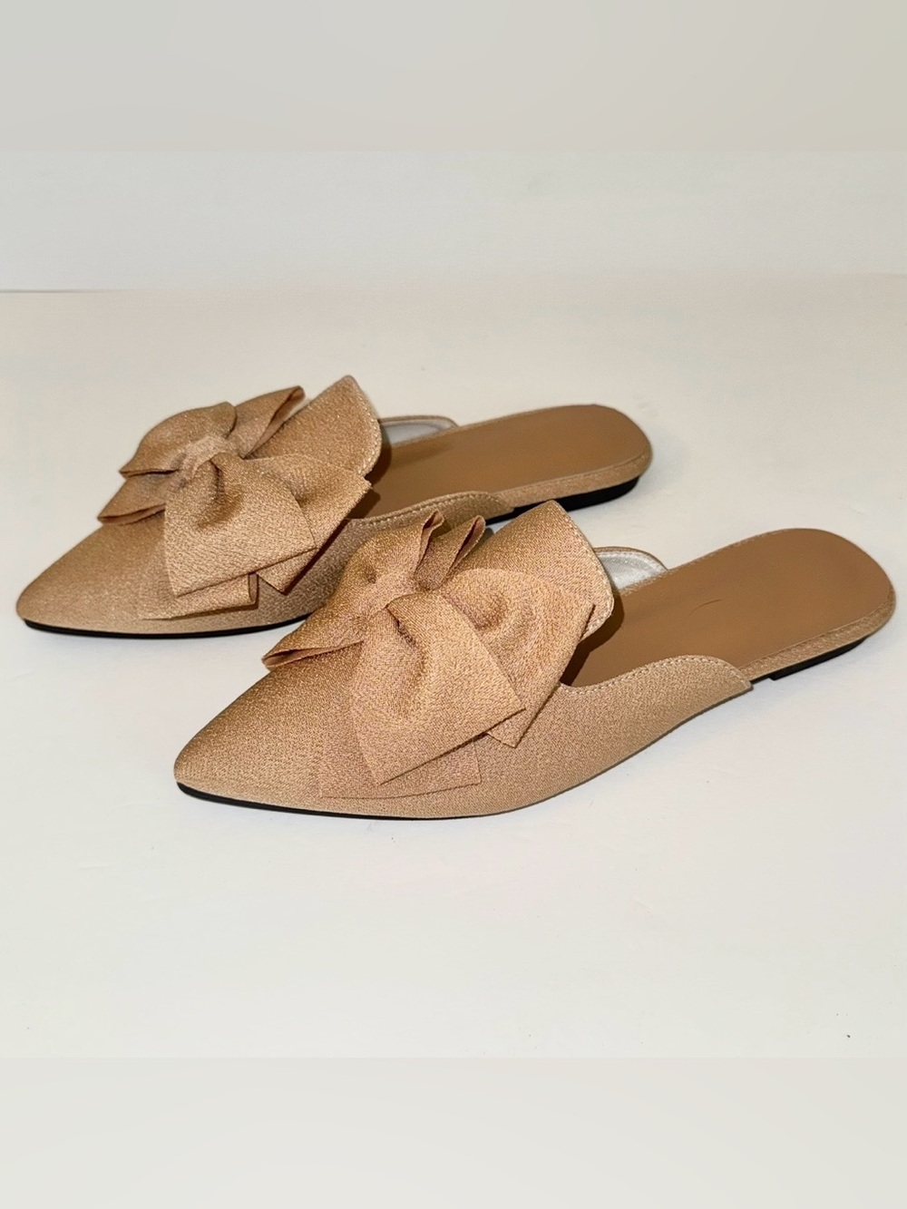 Khaki Fabric Oversized Bow Backless Slip-On Mules Slides Flats, Sz 41 (10.5)